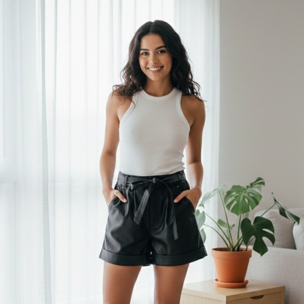 BLANKNYC‎ Faux Leather Paperbag Waist Shorts Black Belted Cuffed - Size 28